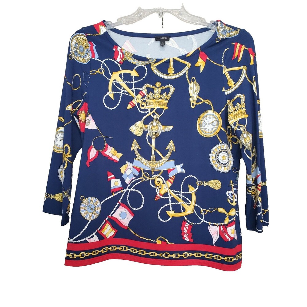 Talbots Jersey Knit Nautical Chain Print 3/4 Sleeve Top Size Large